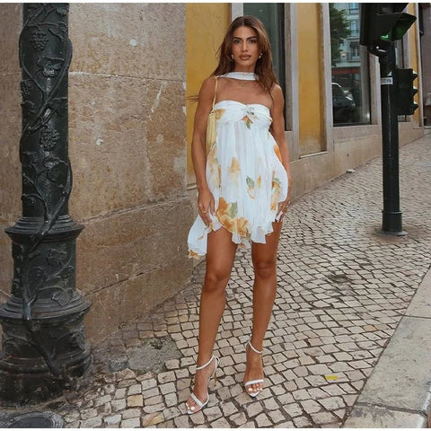 Women Casual Printed Pleated Scarf Collar Mini Dresses Chic Sleeveless Off Shoulder - American Thistle Women Casual Printed Pleated Scarf Collar Mini Dresses Chic Sleeveless Off Shoulder