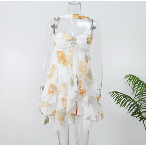 Women Casual Printed Pleated Scarf Collar Mini Dresses Chic Sleeveless Off Shoulder - American Thistle Women Casual Printed Pleated Scarf Collar Mini Dresses Chic Sleeveless Off Shoulder