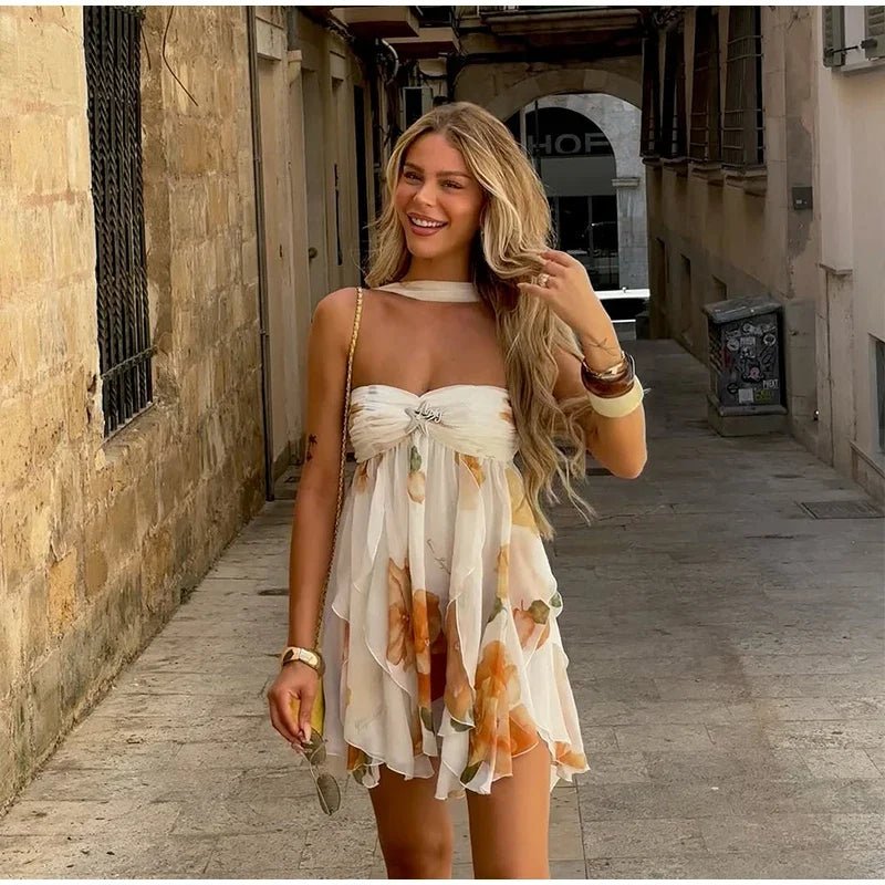 Women Casual Printed Pleated Scarf Collar Mini Dresses Chic Sleeveless Off Shoulder - American Thistle Women Casual Printed Pleated Scarf Collar Mini Dresses Chic Sleeveless Off Shoulder