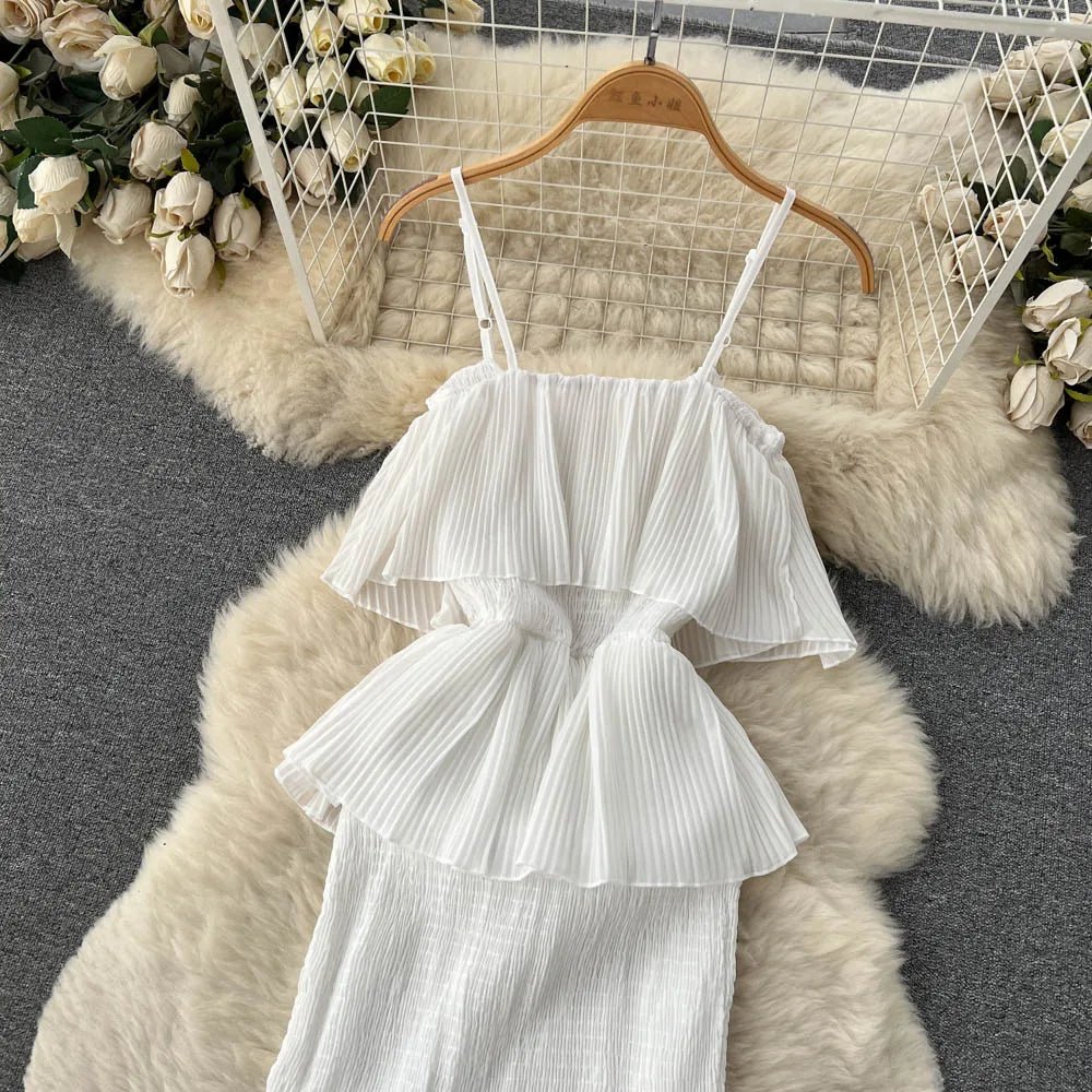 Women Chiffon Sundress Strap Ruffle Dress - American Thistle Women Chiffon Sundress Strap Ruffle Dress
