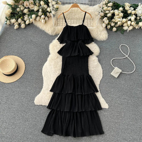 Women Chiffon Sundress Strap Ruffle Dress - American Thistle Women Chiffon Sundress Strap Ruffle Dress