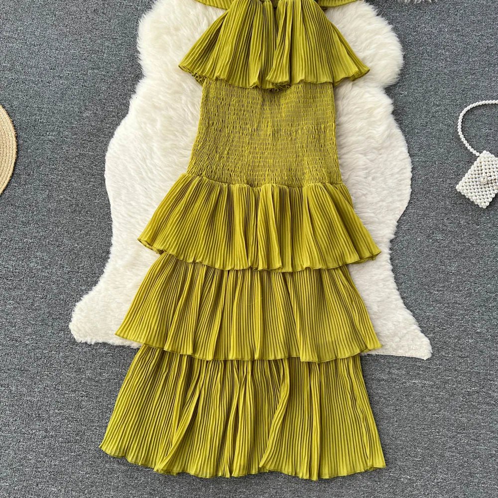 Women Chiffon Sundress Strap Ruffle Dress - American Thistle Women Chiffon Sundress Strap Ruffle Dress