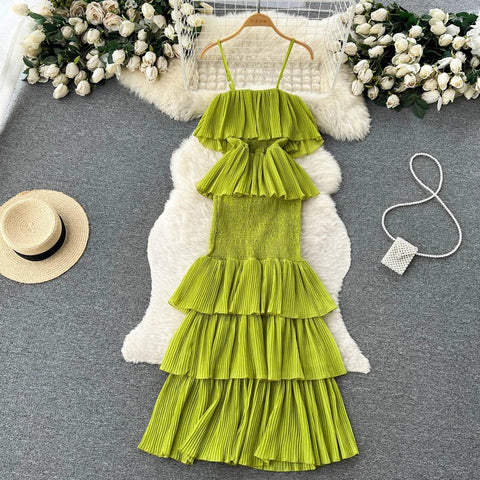 Women Chiffon Sundress Strap Ruffle Dress - American Thistle Women Chiffon Sundress Strap Ruffle Dress