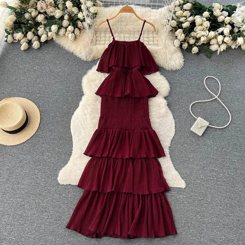 Women Chiffon Sundress Strap Ruffle Dress - American Thistle Women Chiffon Sundress Strap Ruffle Dress