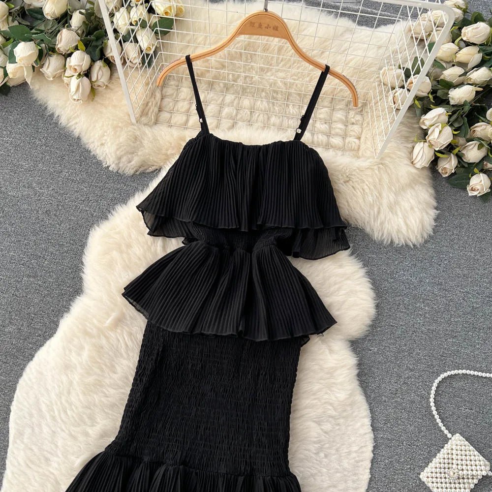 Women Chiffon Sundress Strap Ruffle Dress - American Thistle Women Chiffon Sundress Strap Ruffle Dress