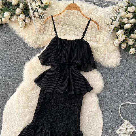 Women Chiffon Sundress Strap Ruffle Dress - American Thistle Women Chiffon Sundress Strap Ruffle Dress