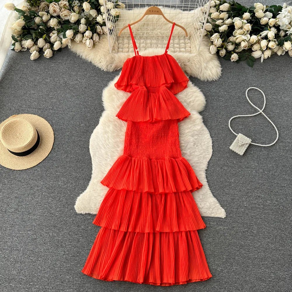 Women Chiffon Sundress Strap Ruffle Dress - American Thistle Women Chiffon Sundress Strap Ruffle Dress