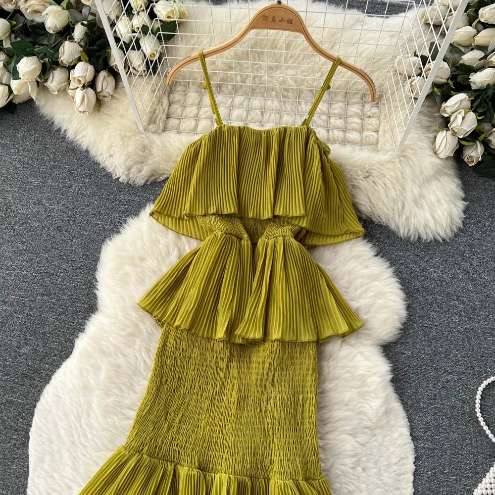 Women Chiffon Sundress Strap Ruffle Dress - American Thistle Women Chiffon Sundress Strap Ruffle Dress