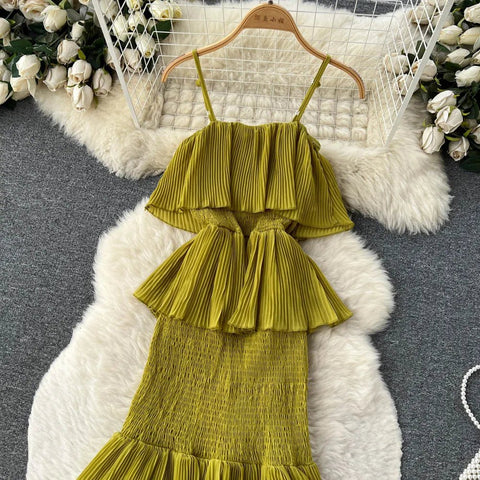 Women Chiffon Sundress Strap Ruffle Dress - American Thistle Women Chiffon Sundress Strap Ruffle Dress