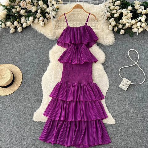 Women Chiffon Sundress Strap Ruffle Dress - American Thistle Women Chiffon Sundress Strap Ruffle Dress