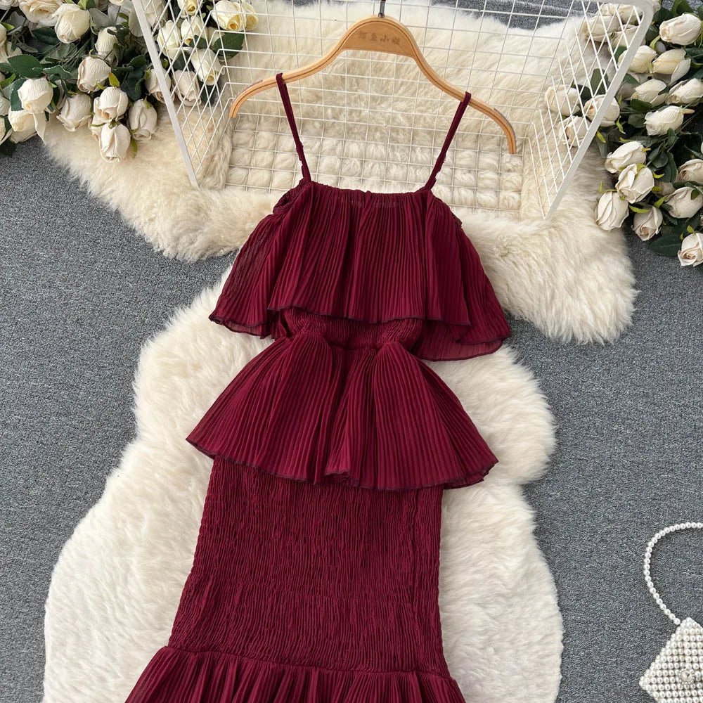 Women Chiffon Sundress Strap Ruffle Dress - American Thistle Women Chiffon Sundress Strap Ruffle Dress