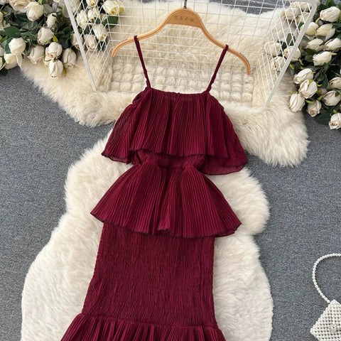 Women Chiffon Sundress Strap Ruffle Dress - American Thistle Women Chiffon Sundress Strap Ruffle Dress