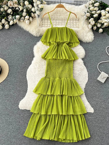 Women Chiffon Sundress Strap Ruffle Dress - American Thistle Women Chiffon Sundress Strap Ruffle Dress