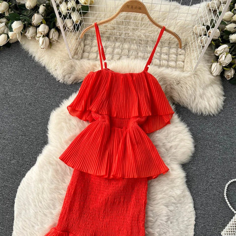 Women Chiffon Sundress Strap Ruffle Dress - American Thistle Women Chiffon Sundress Strap Ruffle Dress