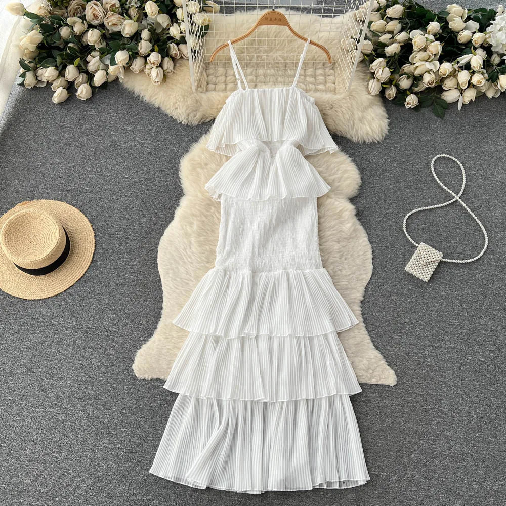 Women Chiffon Sundress Strap Ruffle Dress - American Thistle Women Chiffon Sundress Strap Ruffle Dress