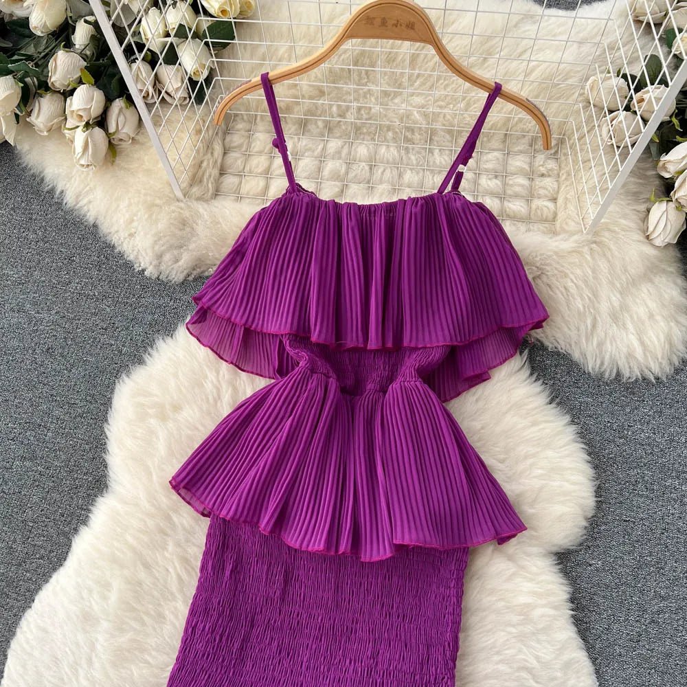 Women Chiffon Sundress Strap Ruffle Dress - American Thistle Women Chiffon Sundress Strap Ruffle Dress