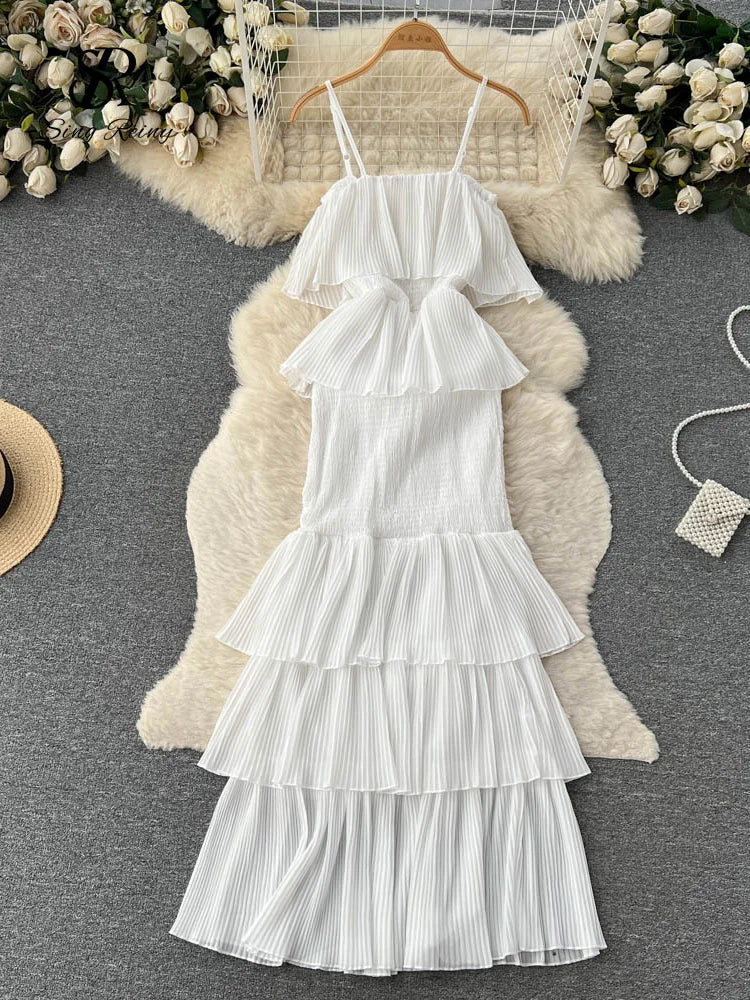 Women Chiffon Sundress Strap Ruffle Dress - American Thistle Women Chiffon Sundress Strap Ruffle Dress