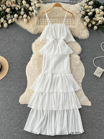 Women Chiffon Sundress Strap Ruffle Dress - American Thistle Women Chiffon Sundress Strap Ruffle Dress