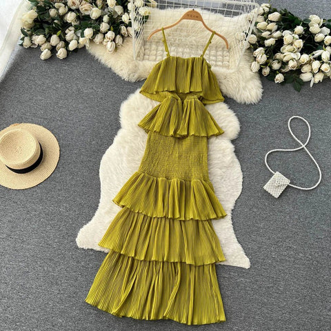Women Chiffon Sundress Strap Ruffle Dress - American Thistle Women Chiffon Sundress Strap Ruffle Dress