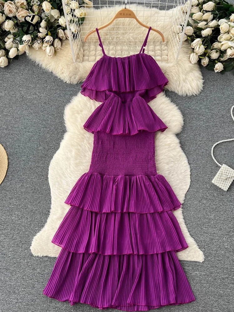 Women Chiffon Sundress Strap Ruffle Dress - American Thistle Women Chiffon Sundress Strap Ruffle Dress