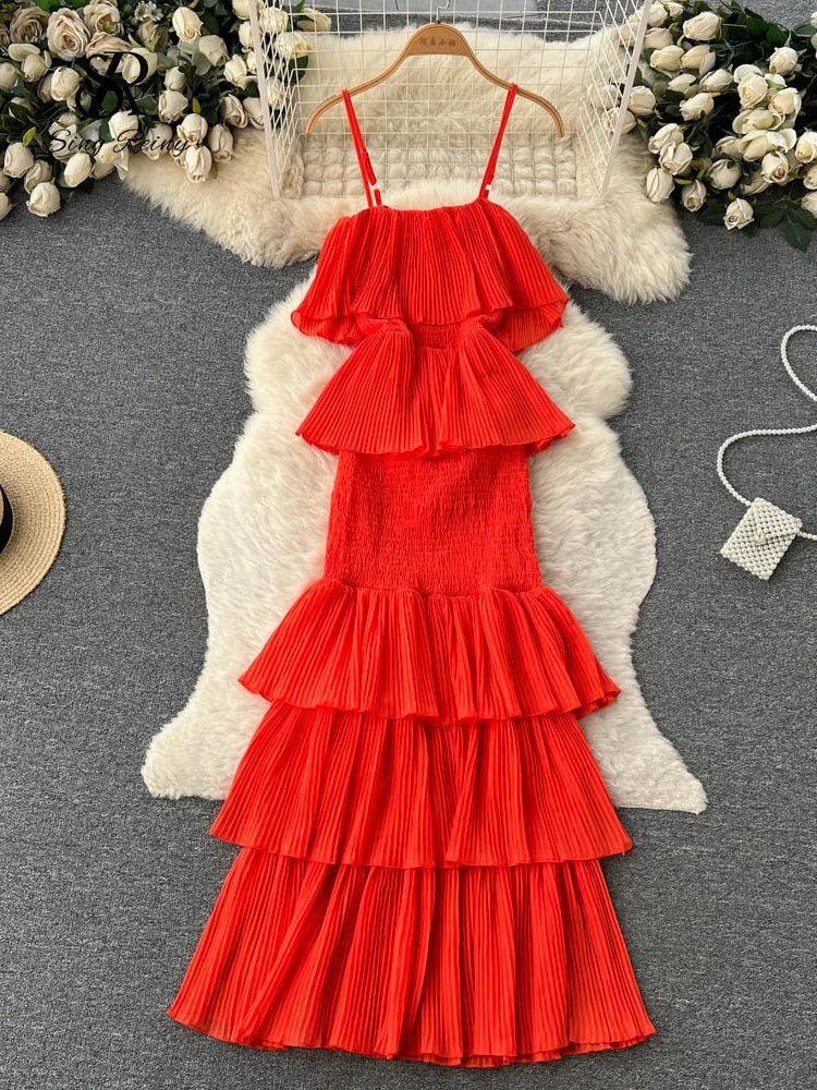 Women Chiffon Sundress Strap Ruffle Dress - American Thistle Women Chiffon Sundress Strap Ruffle Dress