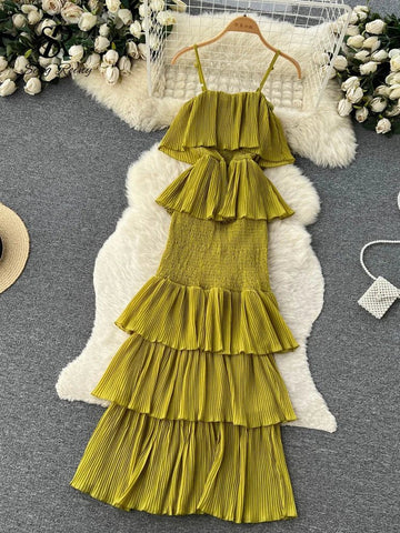 Women Chiffon Sundress Strap Ruffle Dress - American Thistle Women Chiffon Sundress Strap Ruffle Dress