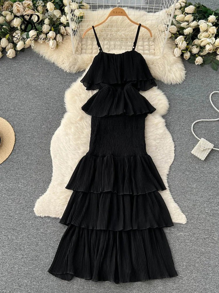 Women Chiffon Sundress Strap Ruffle Dress - American Thistle Women Chiffon Sundress Strap Ruffle Dress