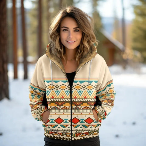 Women Coats Jackets Cardigans Printed Outdoors Geometric Graphics Fleece Winter Warm Casual Streetwear Female Clothing - American ThistleWomen Coats Jackets Cardigans Printed Outdoors Geometric Graphics Fleece Winter Warm Casual Streetwear Female Clothing