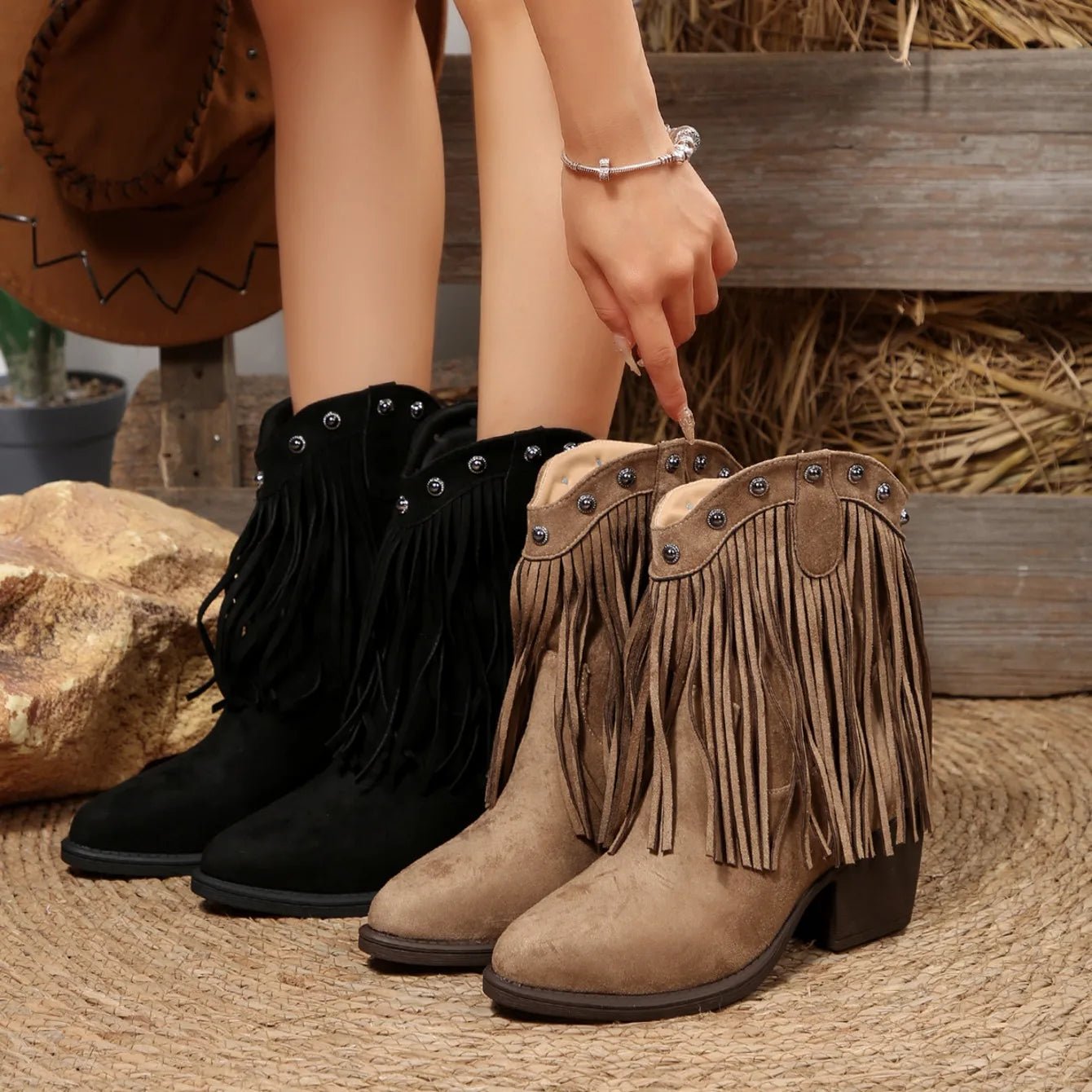 Women Cowboy Boots Tassel Chunky Heels Pointed Toe Shoes for Women 2025 Fashion Outdoor Ankle Boots Slip - on Western Boots Female - American ThistleWomen Cowboy Boots Tassel Chunky Heels Pointed Toe Shoes for Women 2025 Fashion Outdoor Ankle Boots Slip - on Western Boots Female