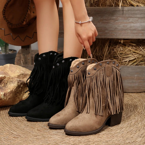 Women Cowboy Boots Tassel Chunky Heels Pointed Toe Shoes for Women 2025 Fashion Outdoor Ankle Boots Slip - on Western Boots Female - American ThistleWomen Cowboy Boots Tassel Chunky Heels Pointed Toe Shoes for Women 2025 Fashion Outdoor Ankle Boots Slip - on Western Boots Female