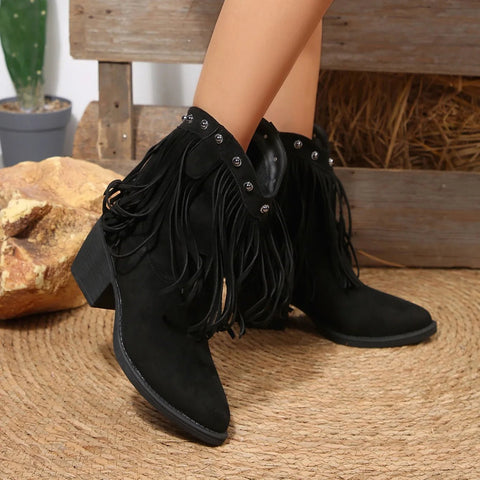 Women Cowboy Boots Tassel Chunky Heels Pointed Toe Shoes for Women 2025 Fashion Outdoor Ankle Boots Slip - on Western Boots Female - American ThistleWomen Cowboy Boots Tassel Chunky Heels Pointed Toe Shoes for Women 2025 Fashion Outdoor Ankle Boots Slip - on Western Boots Female