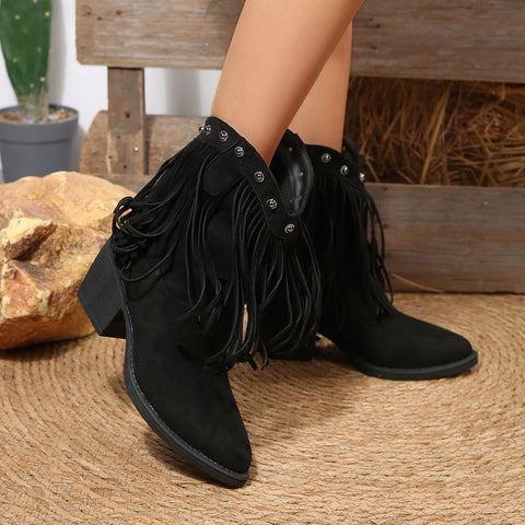 Women Cowboy Boots Tassel Chunky Heels Pointed Toe Shoes for Women 2025 Fashion Outdoor Ankle Boots Slip - on Western Boots Female - American ThistleWomen Cowboy Boots Tassel Chunky Heels Pointed Toe Shoes for Women 2025 Fashion Outdoor Ankle Boots Slip - on Western Boots Female