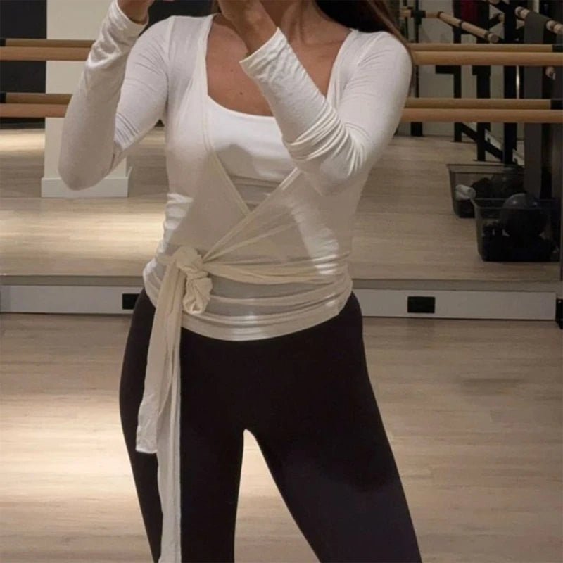 Women Cross Wrap Tie Crop Tops Yoga Shirts Long Sleeve - American Thistle Women Cross Wrap Tie Crop Tops Yoga Shirts Long Sleeve