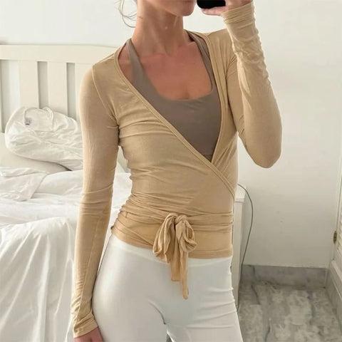 Women Cross Wrap Tie Crop Tops Yoga Shirts Long Sleeve - American Thistle Women Cross Wrap Tie Crop Tops Yoga Shirts Long Sleeve