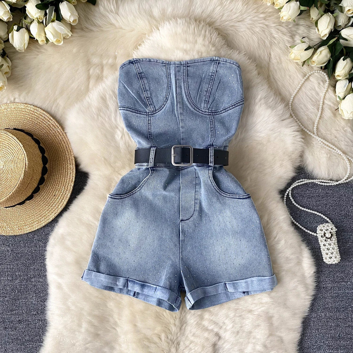 Women Denim one pieces Summer High Waist Slim Sleeveless Strapless Romper - American Thistle Women Denim one pieces Summer High Waist Slim Sleeveless Strapless Romper