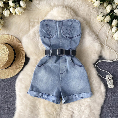 Women Denim one pieces Summer High Waist Slim Sleeveless Strapless Romper - American Thistle Women Denim one pieces Summer High Waist Slim Sleeveless Strapless Romper