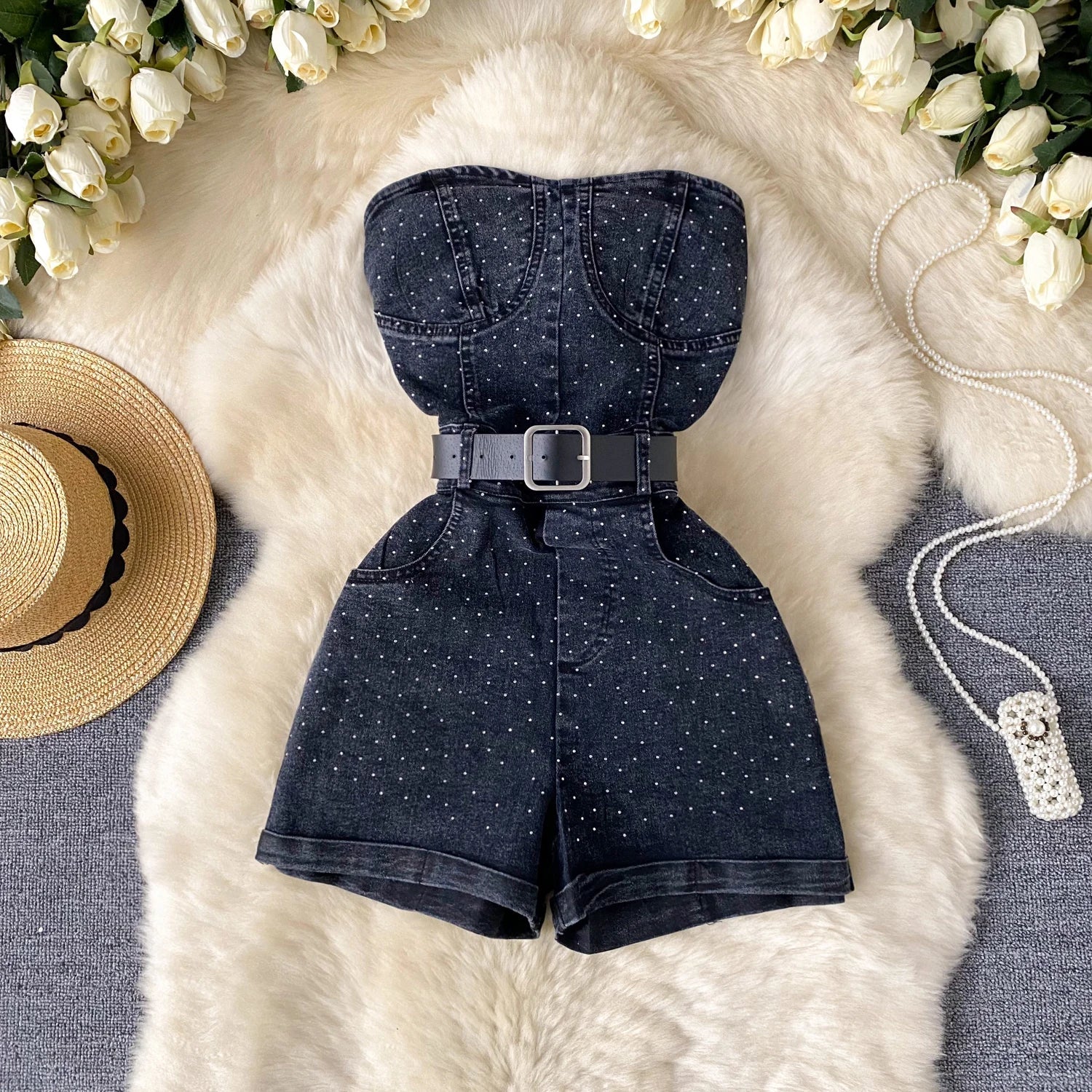 Women Denim one pieces Summer High Waist Slim Sleeveless Strapless Romper - American Thistle Women Denim one pieces Summer High Waist Slim Sleeveless Strapless Romper