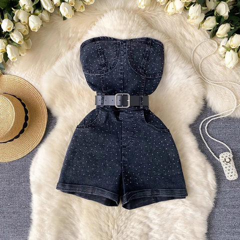 Women Denim one pieces Summer High Waist Slim Sleeveless Strapless Romper - American Thistle Women Denim one pieces Summer High Waist Slim Sleeveless Strapless Romper