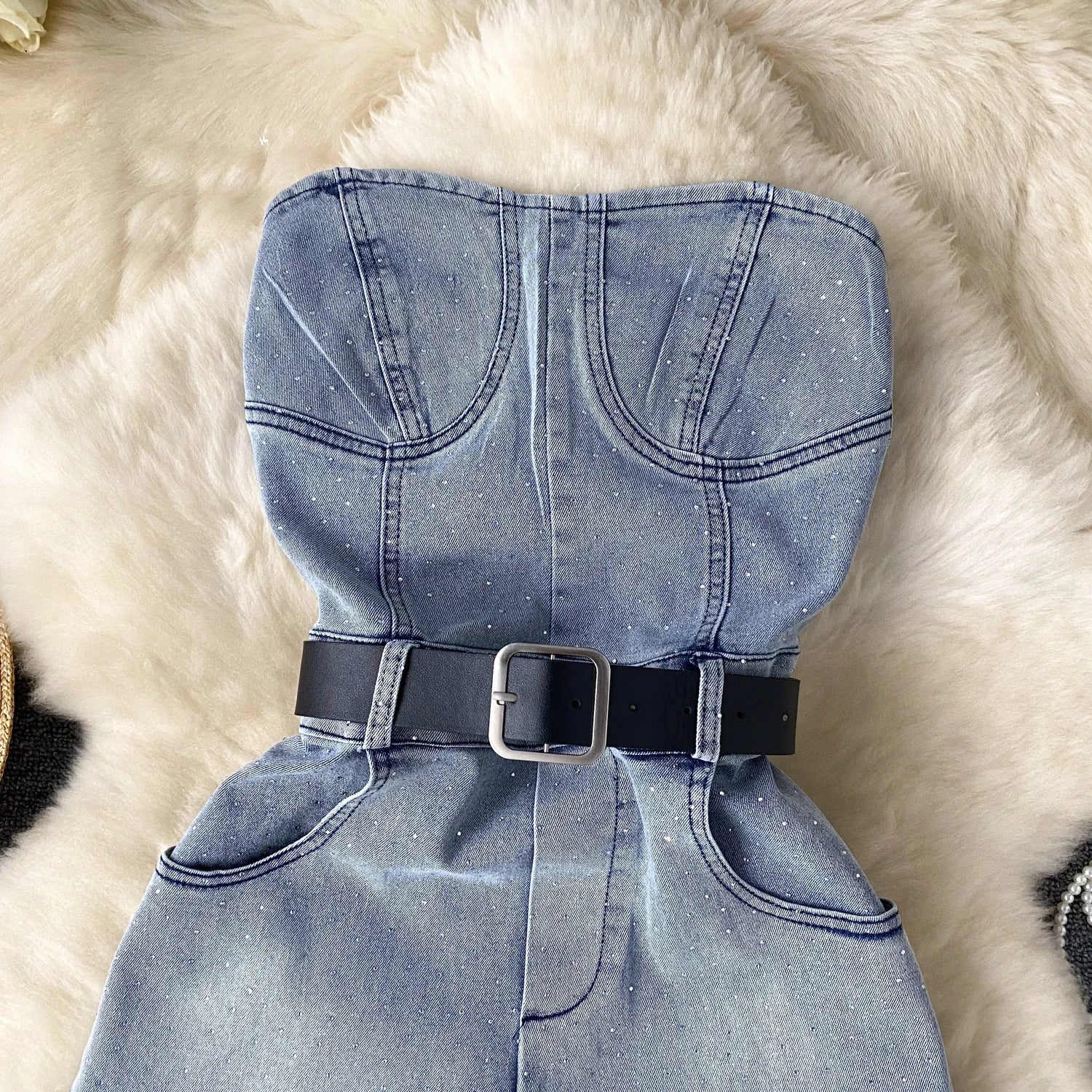 Women Denim one pieces Summer High Waist Slim Sleeveless Strapless Romper - American Thistle Women Denim one pieces Summer High Waist Slim Sleeveless Strapless Romper