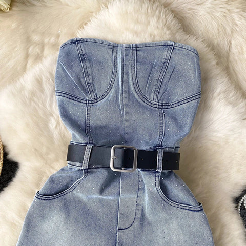 Women Denim one pieces Summer High Waist Slim Sleeveless Strapless Romper - American Thistle Women Denim one pieces Summer High Waist Slim Sleeveless Strapless Romper
