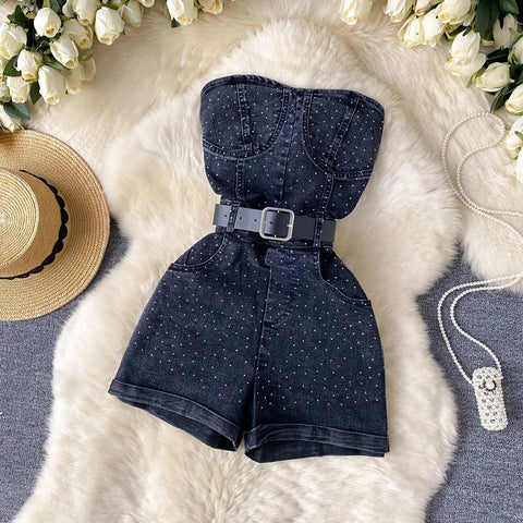 Women Denim one pieces Summer High Waist Slim Sleeveless Strapless Romper - American Thistle Women Denim one pieces Summer High Waist Slim Sleeveless Strapless Romper