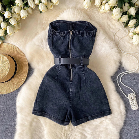Women Denim one pieces Summer High Waist Slim Sleeveless Strapless Romper - American Thistle Women Denim one pieces Summer High Waist Slim Sleeveless Strapless Romper