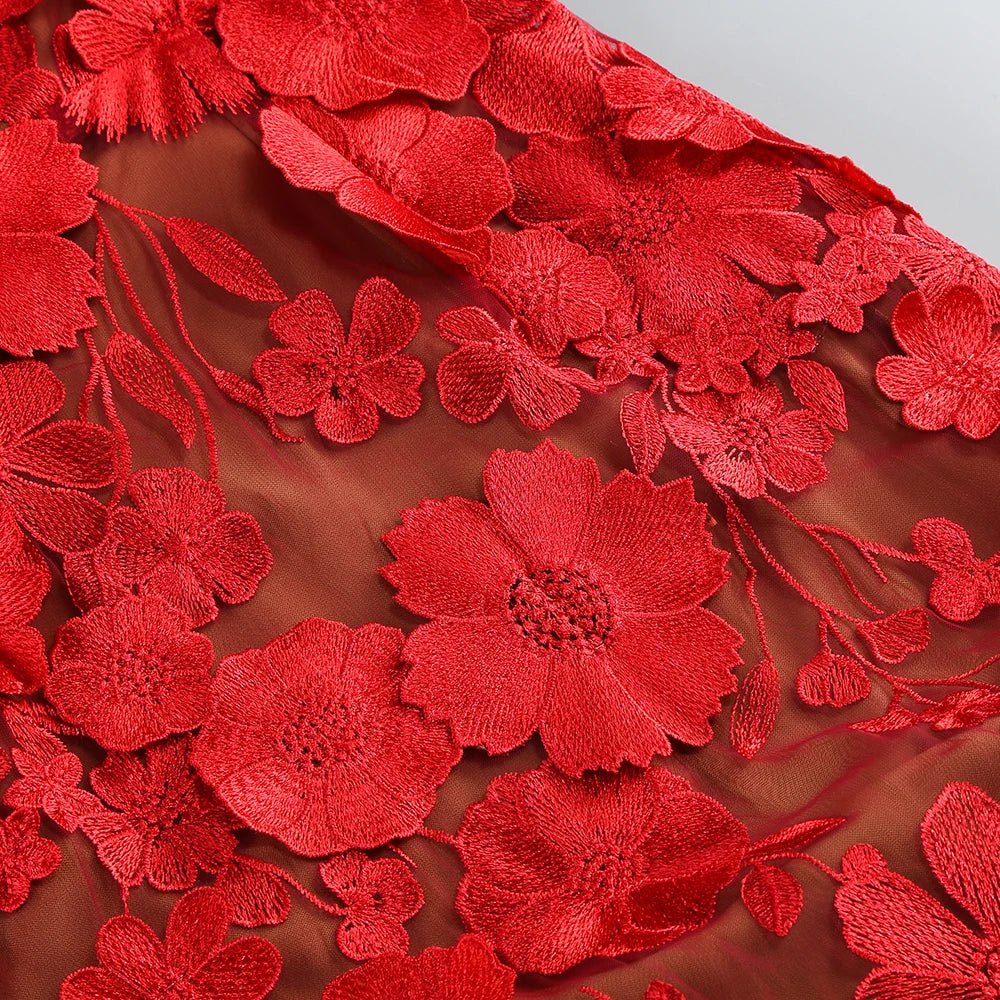 Women Elegant Luxury Red Strapless Embroidery Flowers Dress - American Thistle Women Elegant Luxury Red Strapless Embroidery Flowers Dress