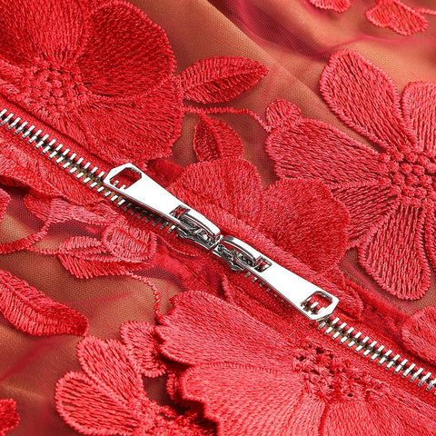 Women Elegant Luxury Red Strapless Embroidery Flowers Dress - American Thistle Women Elegant Luxury Red Strapless Embroidery Flowers Dress