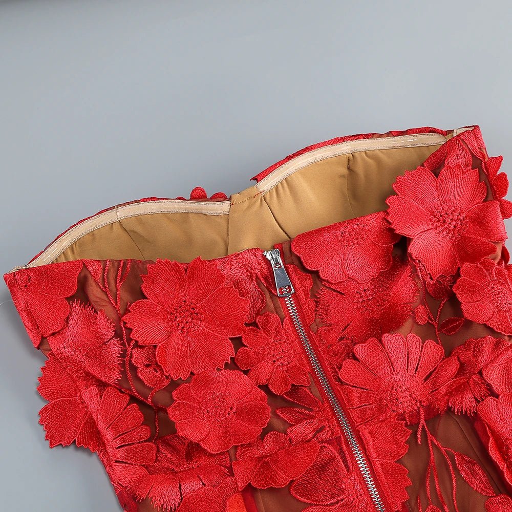 Women Elegant Luxury Red Strapless Embroidery Flowers Dress - American Thistle Women Elegant Luxury Red Strapless Embroidery Flowers Dress