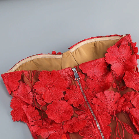 Women Elegant Luxury Red Strapless Embroidery Flowers Dress - American Thistle Women Elegant Luxury Red Strapless Embroidery Flowers Dress