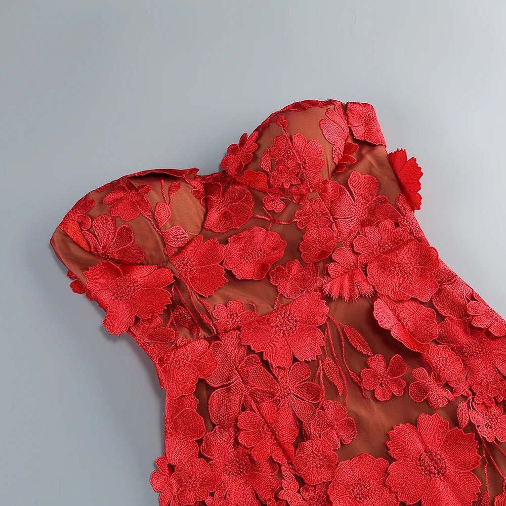 Women Elegant Luxury Red Strapless Embroidery Flowers Dress - American Thistle Women Elegant Luxury Red Strapless Embroidery Flowers Dress