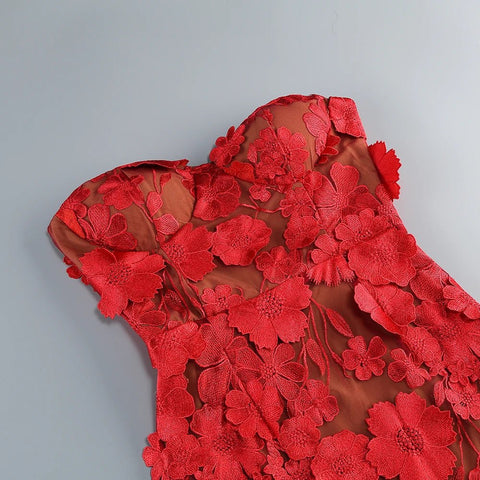 Women Elegant Luxury Red Strapless Embroidery Flowers Dress - American Thistle Women Elegant Luxury Red Strapless Embroidery Flowers Dress