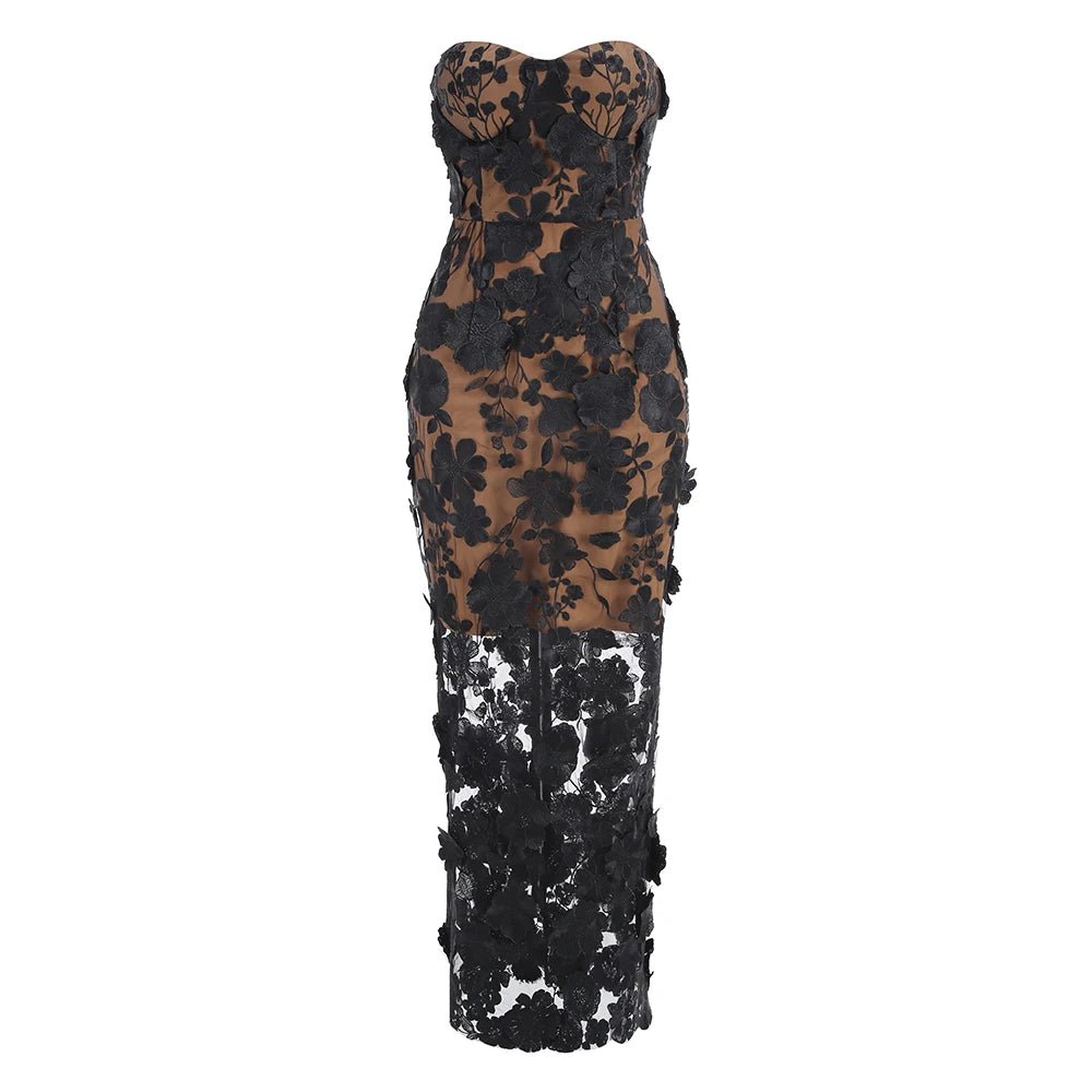 Women Elegant Luxury Red Strapless Embroidery Flowers Dress - American Thistle Women Elegant Luxury Red Strapless Embroidery Flowers Dress