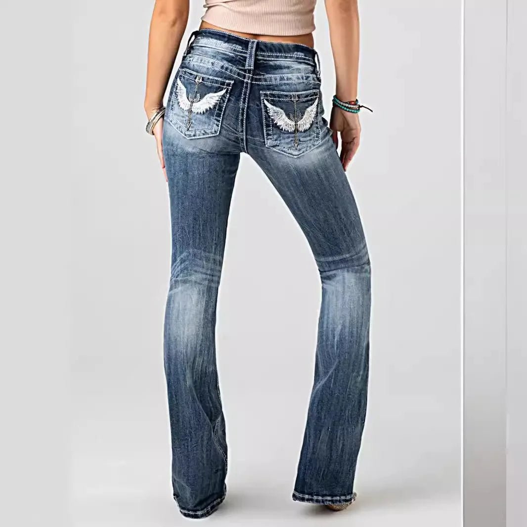 Women Embroidery Pockets Distressed Jeans Mid Waist Stretch Slim Fit Pants - American Thistle Women Embroidery Pockets Distressed Jeans Mid Waist Stretch Slim Fit Pants